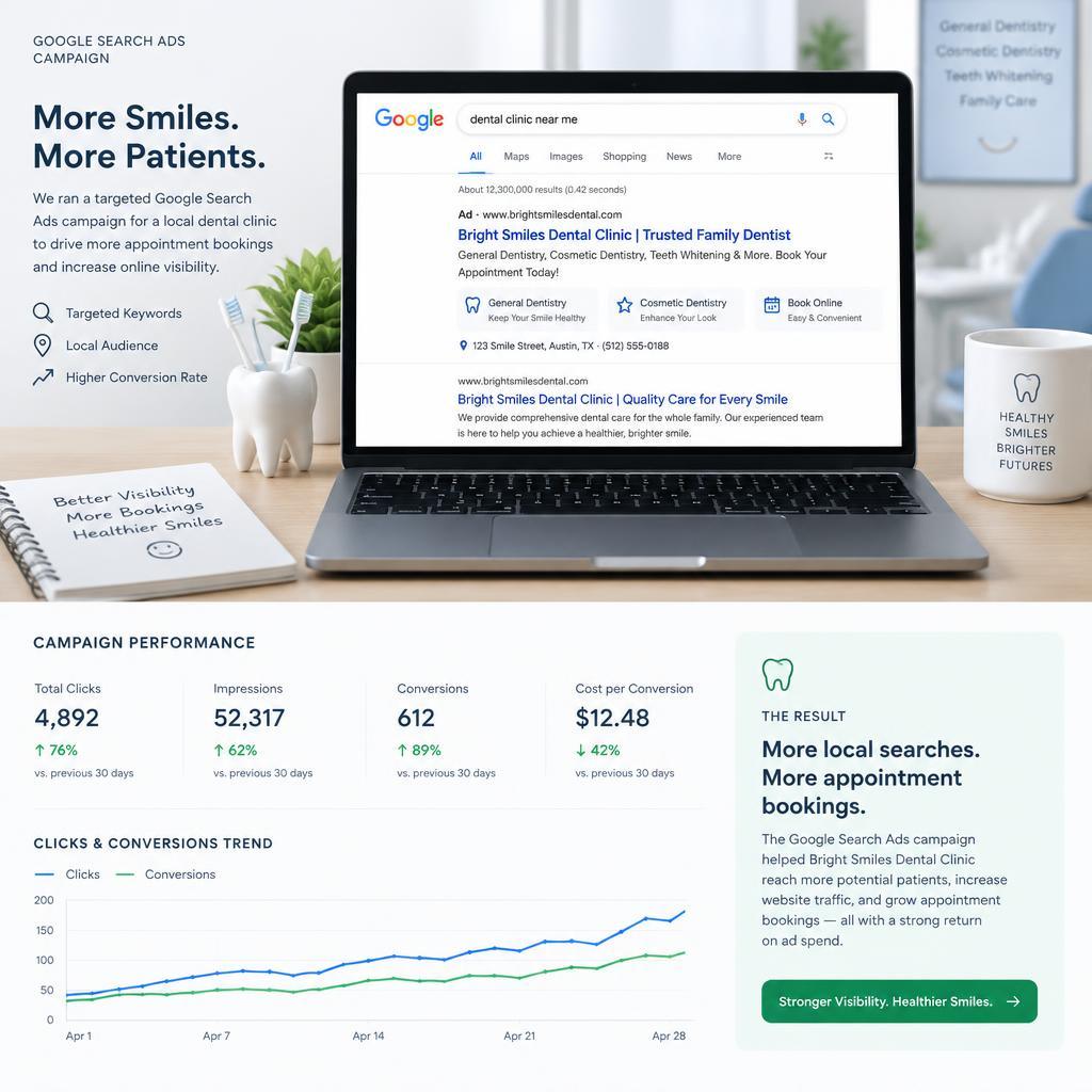 Iklan pencarian Google untuk klinik gigi beserta grafik performa