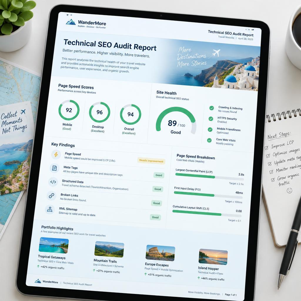 Laporan audit SEO teknis website travel di layar tablet