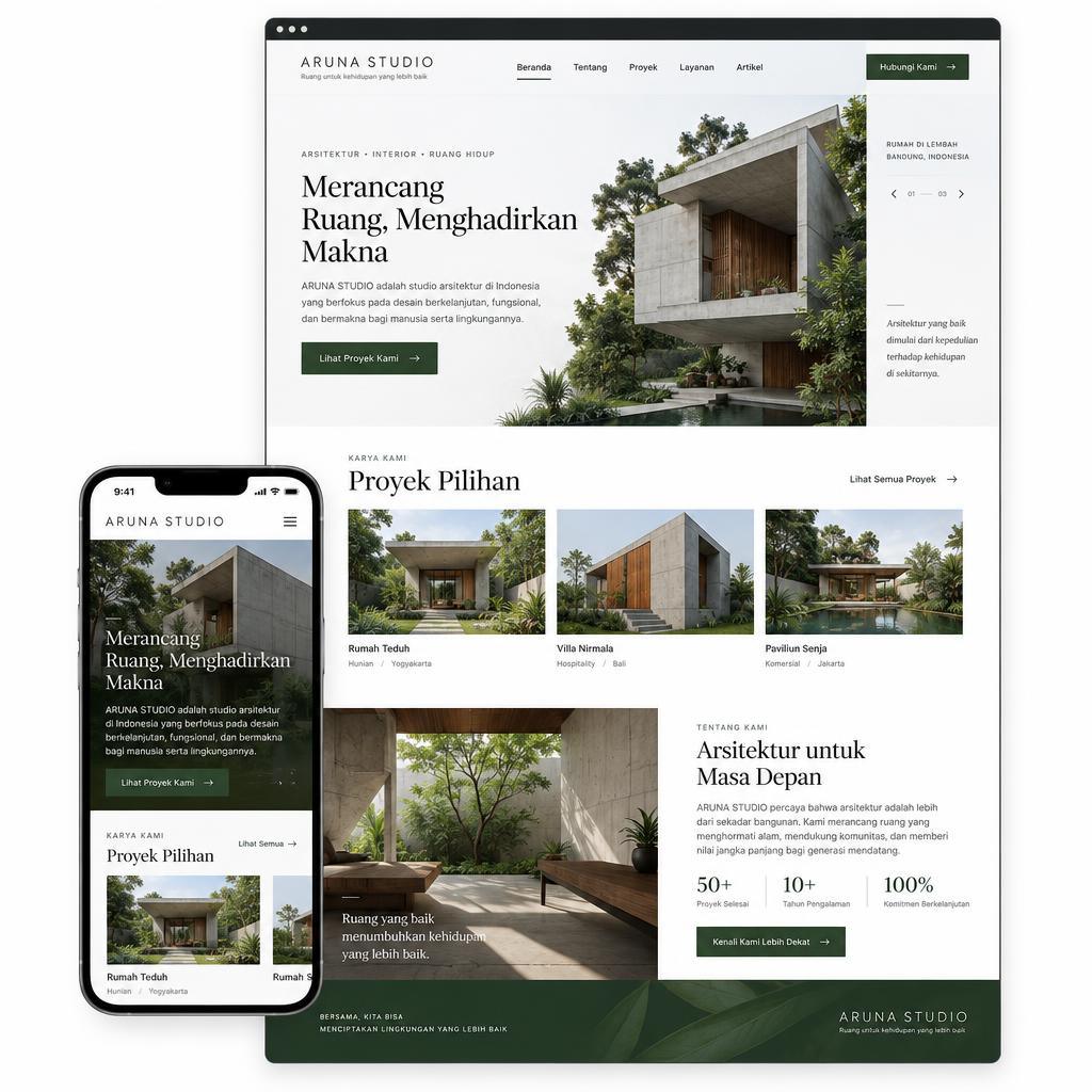Desain website company profile studio arsitektur Aruna pada desktop dan ponsel