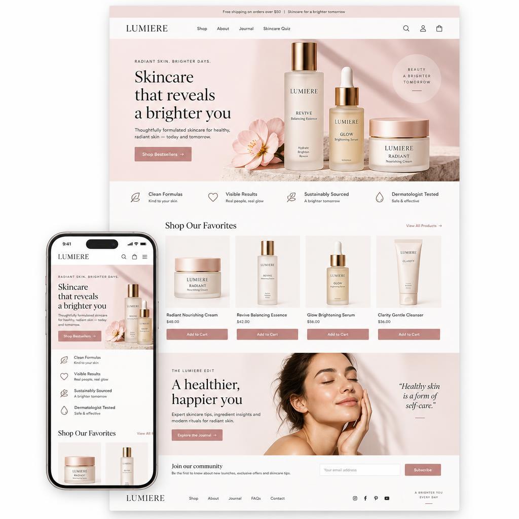Desain toko online skincare Lumiere dengan katalog produk pada desktop dan ponsel
