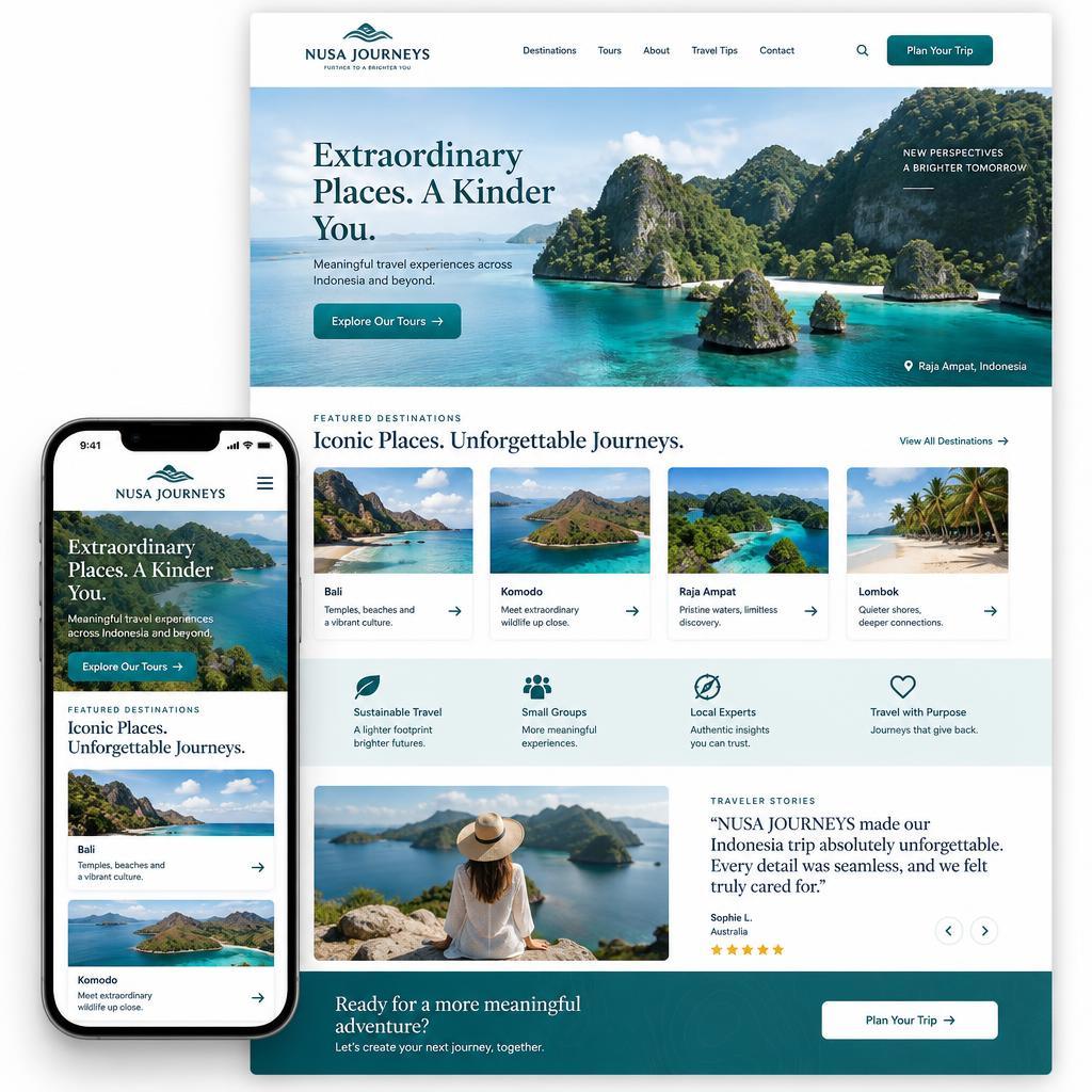 Desain website travel Nusa Journeys dengan destinasi wisata dan tampilan ponsel
