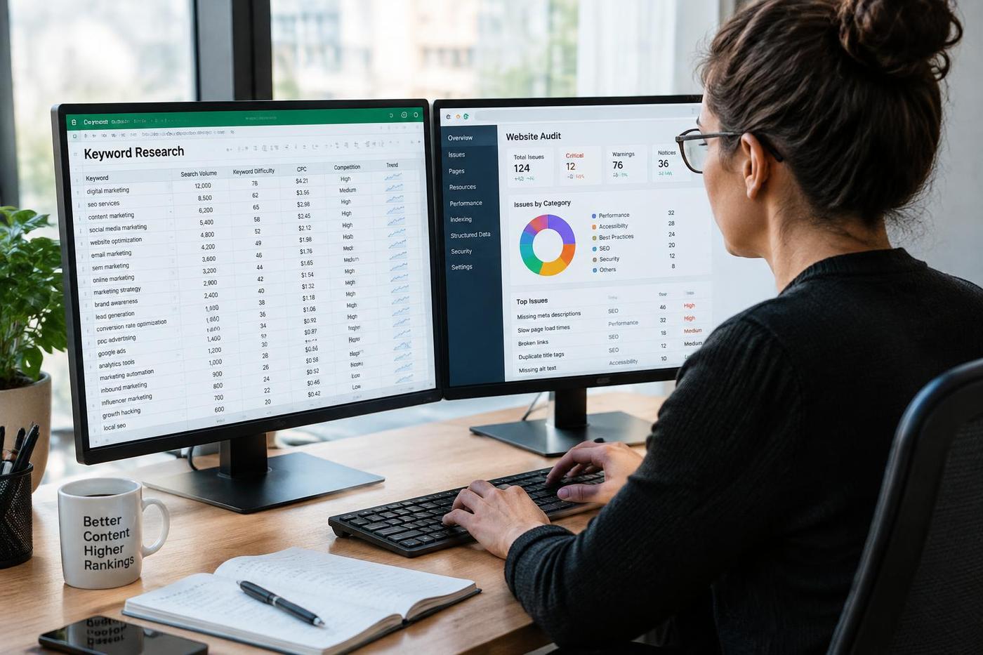 Spesialis SEO mengerjakan riset kata kunci dan audit website