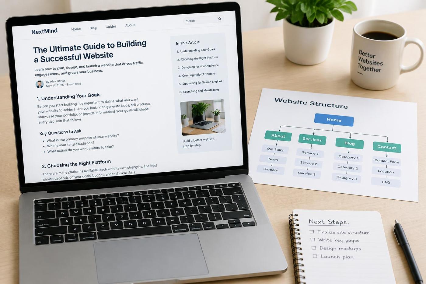 Halaman artikel website dan diagram struktur situs